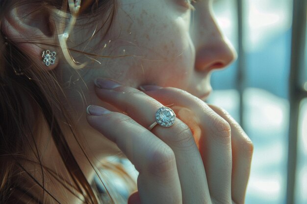 Photo a young woman wears a diamond ring on her middle