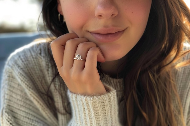 Photo a young woman wears a diamond ring on her middle