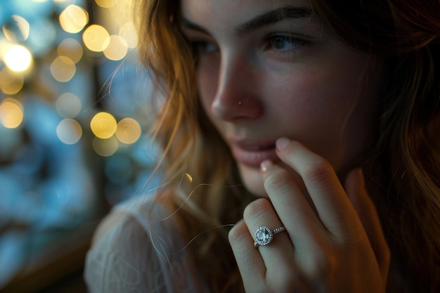 Photo a young woman wears a diamond ring on her middle