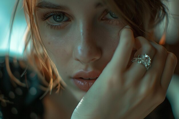 Photo a young woman wears a diamond ring on her middle