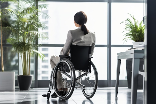 young woman in wheelchair working in her office on laptop disabled businesswoman