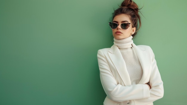 A young woman in a white blazer and turtleneck sweater leans against a green wall arms crossed She is wearing sunglasses and has her hair pulled back in a messy bun