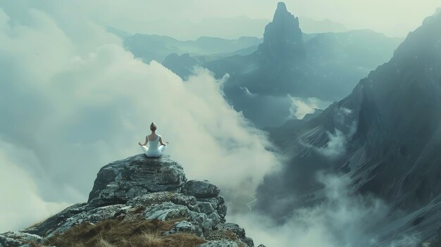 Young woman in white dress sitting on a rock in the mountains with clouds below and a mountain peak in the distance