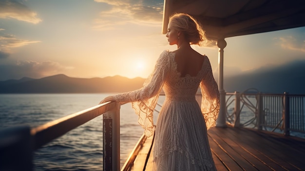 A young woman in white dress standing on the edge of the wooden pier Generative AI