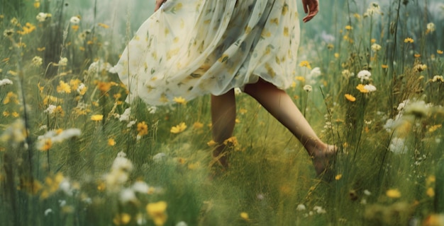 Young woman in white dress walking in the meadow with AI generated