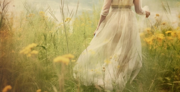 Young woman in white dress walking in the meadow with AI generated