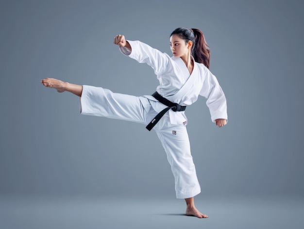 Young woman in a white karate gi performs a powerful front kick