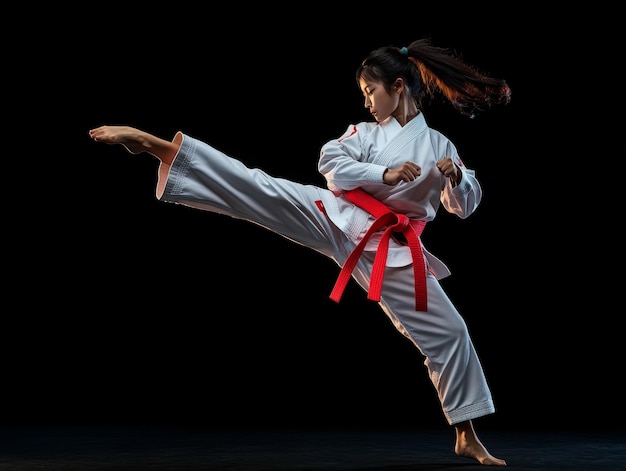 Young woman in white karate gi with red belt executes a powerful kick against a dark background