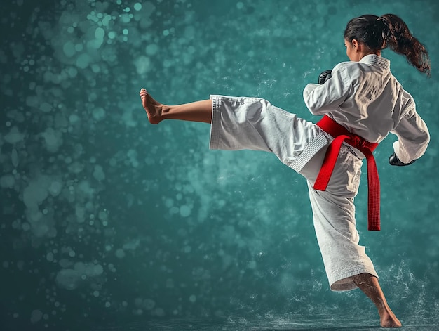 Young woman in white karate uniform with red belt performs high kick in the studio