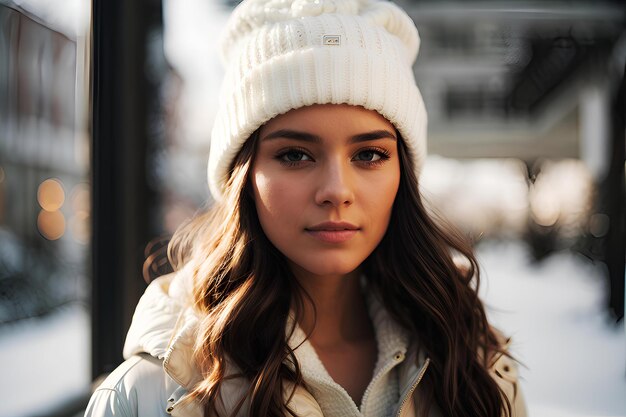 A young woman in a white knitted hat and a white jacket looks at the camera with a slight smile