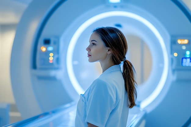 Young woman in a white lab coat stands in a medical facility looking at a large circular machine