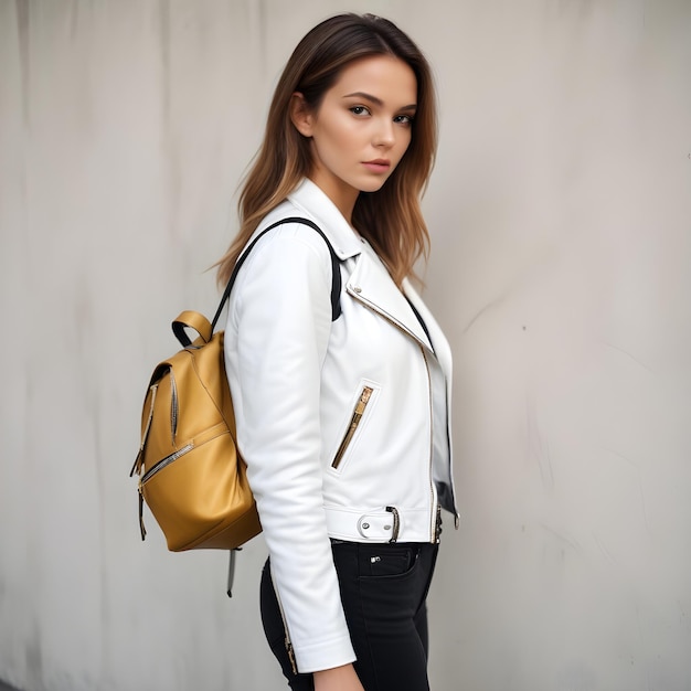 Photo young woman in white leather jacket in a tshirt in black jeans with a stylish golden backpack poses