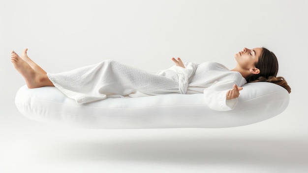 Young woman in white robe lying on a floating white cushion with eyes closed