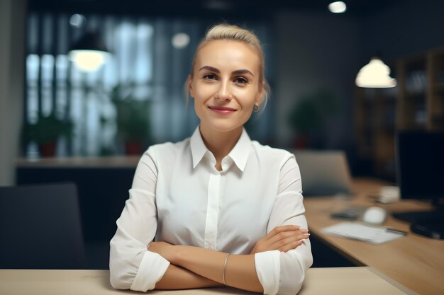 A young woman in a white shirt sits at a desk in an office.