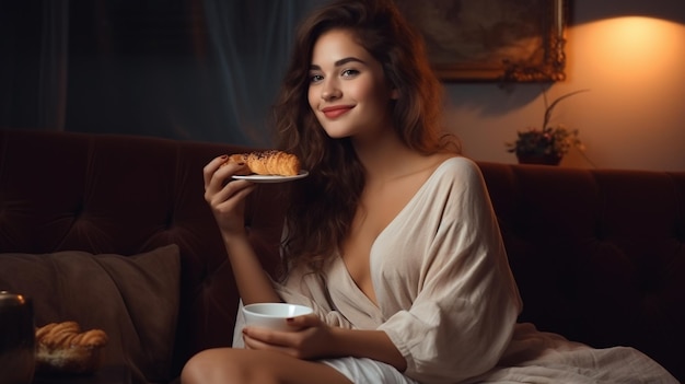 young woman in a white shirt sitting at a coffee table with a glass of tea and a croissant in the morning in the morning