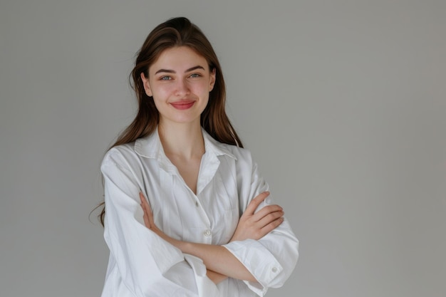 A young woman in a white shirt smiles warmly with folded arms against a plain background exuding a casual yet confident demeanor