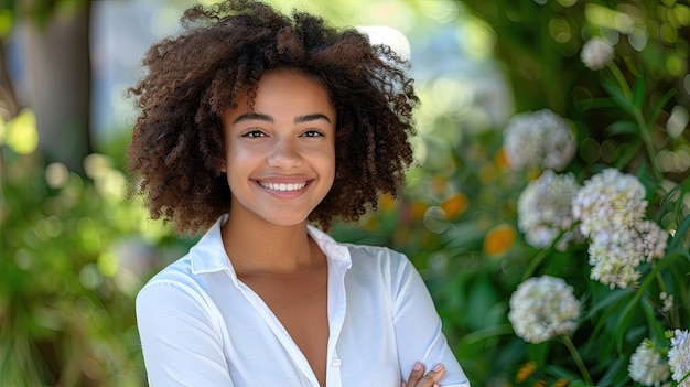 Young woman in white shirt with a joyful smile outdoors