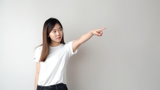 A young woman in a white t - shirt points to the right.