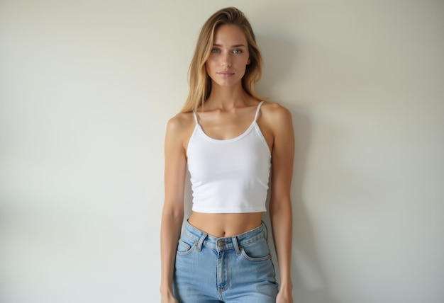 Photo a young woman in a white tank top and blue jeans stands against a white wall