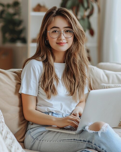 Young woman in white tshirt and blue jeans works on laptop sit on sofa Ai generative