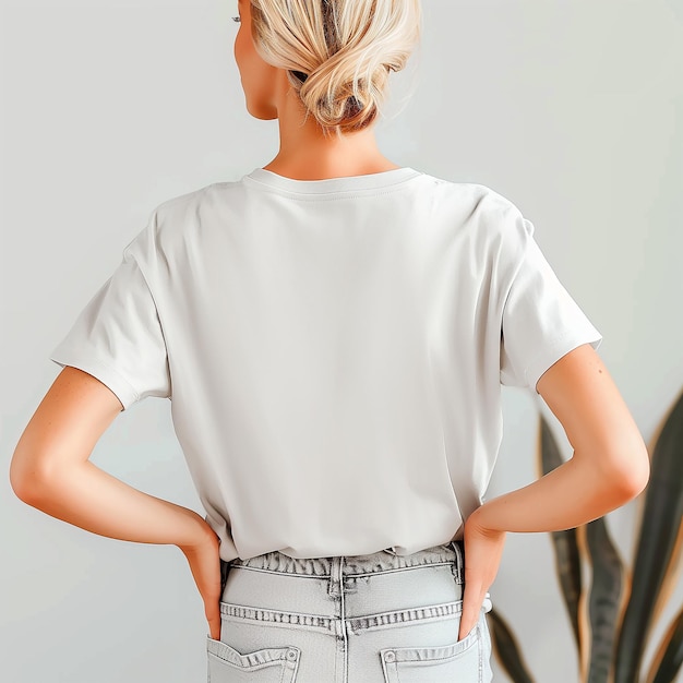 Young woman in white tshirt mockup White female model in casual blank white shirt back view design