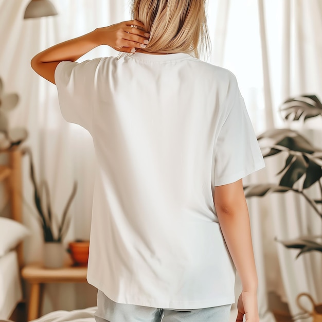 Young woman in white tshirt mockup White female model in casual blank white shirt back view design