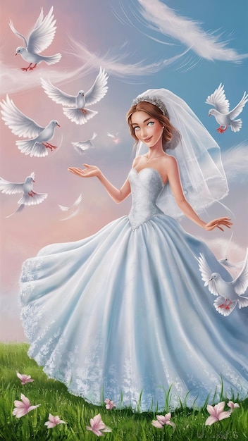 a young woman in a white wedding dress holding out her hand and doves landing