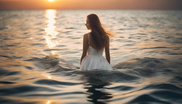 Young woman in a white wedding dress in the sea at sunset