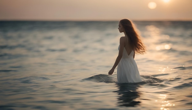 Young woman in a white wedding dress in the sea at sunset