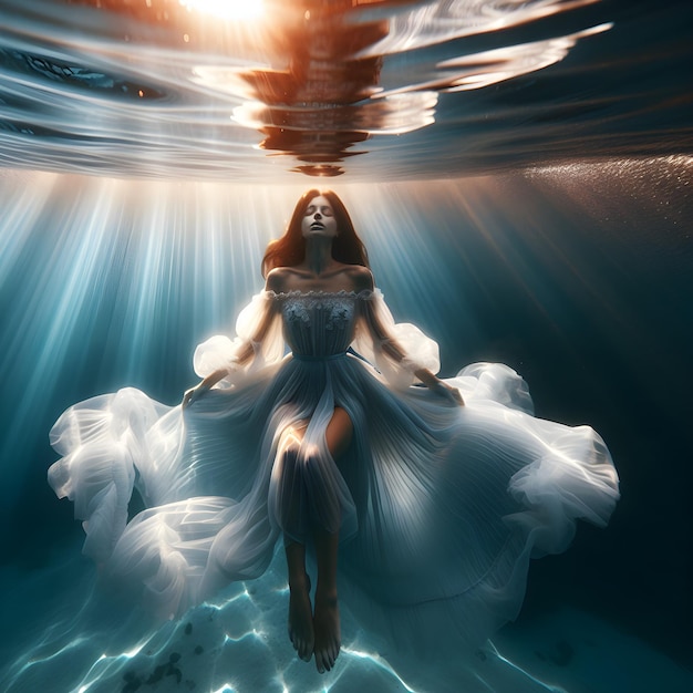 Young woman in a white wedding dress in the sea in the water column