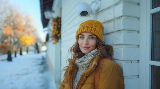 Young Woman in Winter Attire Next to a House Intercom System