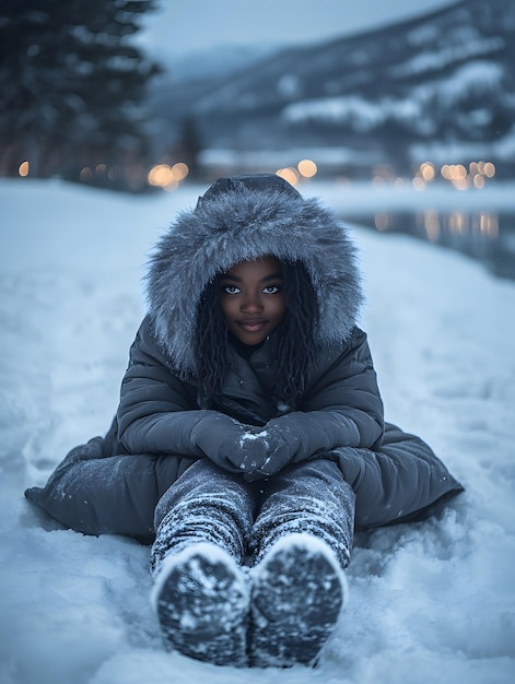 Young Woman in Winter Clothes Sitting in the Snow