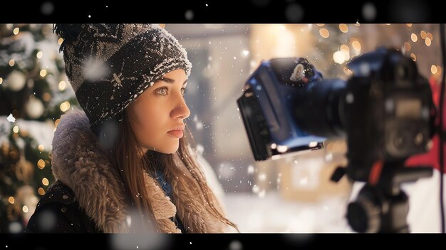 Photo a young woman in a winter hat looks to her right while being filmed