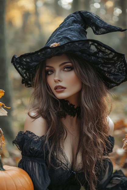 Young woman in a witch costume poses in a fall forest