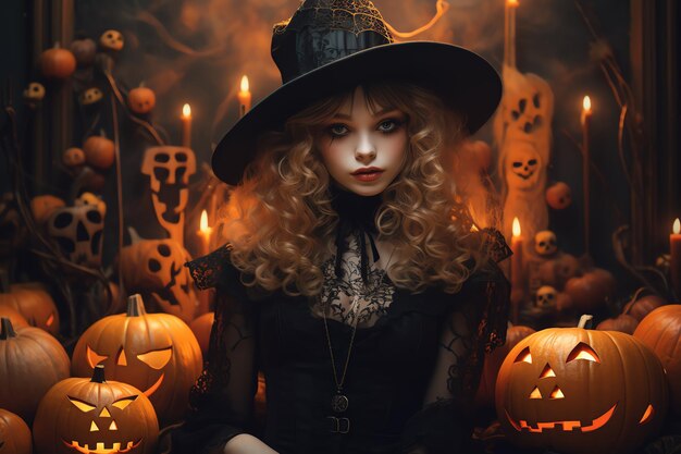 Photo young woman in witch costume surrounded by glowing carved pumpkins creating a spooky halloween ambiance lit by candles