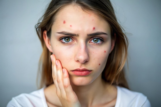 Young woman with acne touching cheek concerned expression