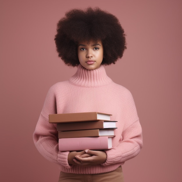 young woman with afro haircut wearing pink sweater and holding textbooks