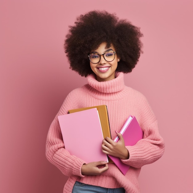 young woman with afro haircut wearing pink sweater and holding textbooks