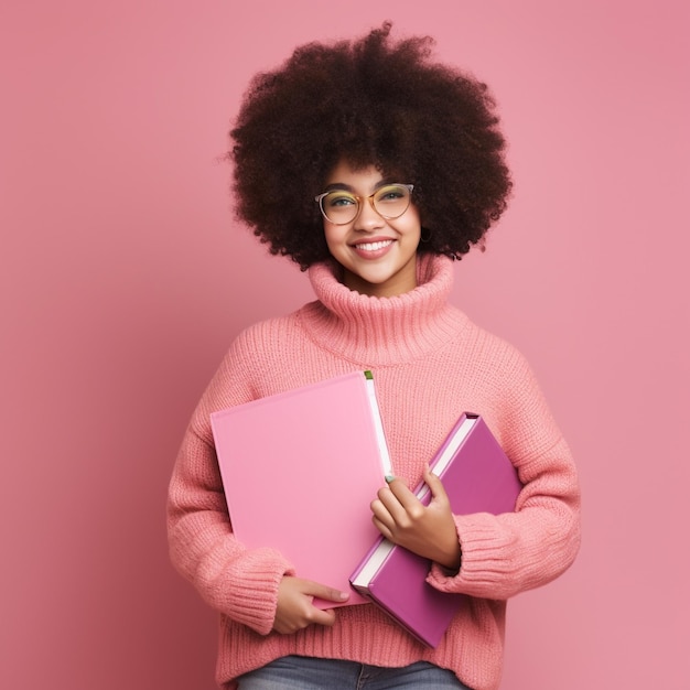 young woman with afro haircut wearing pink sweater and holding textbooks