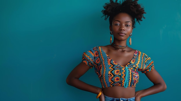 Photo a young woman with an afro wearing a colorful patterned top stands confidently against a teal wall