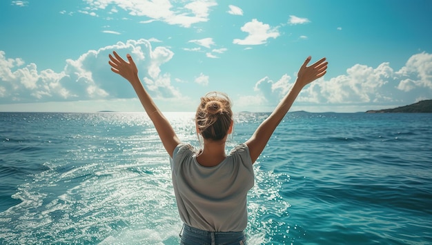 Young woman with arms spread standing in front of the sea The concept of freedom and adventure