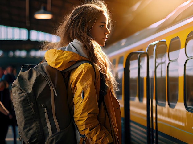 Young woman with backpack boarding train made with Generative AI Travel by train advertisement