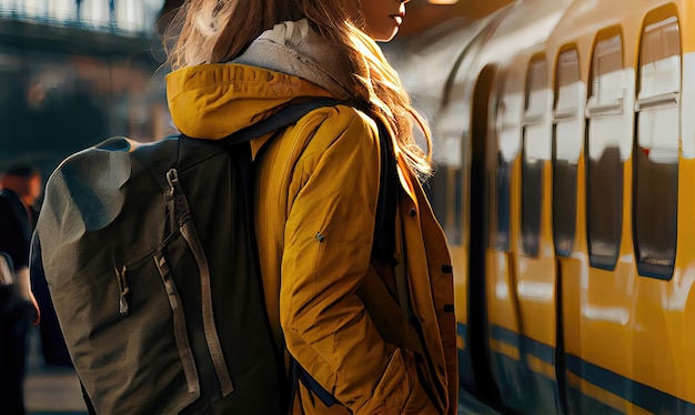 Young woman with backpack boarding train made with Generative AI