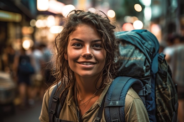 Young woman with a backpack enjoying the solo travel Generative AI