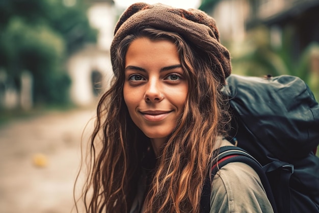 Young woman with a backpack enjoying the solo travel Generative AI