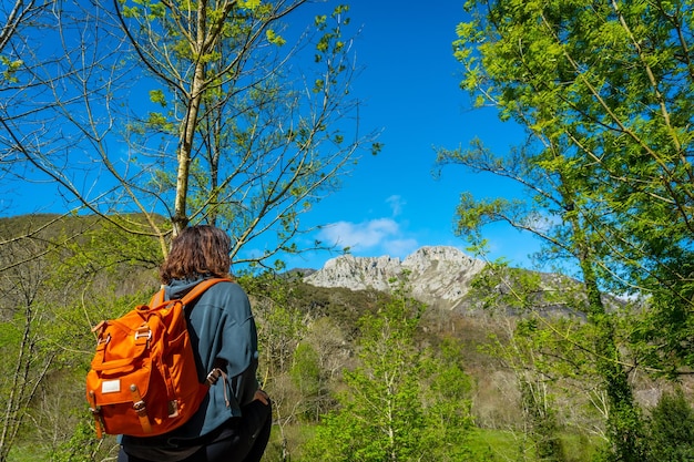 A young woman with a backpack looking at the mountains and the Sella river between El Tornin a la Olla de San Vicente near Cangas de Onis Asturias Spain