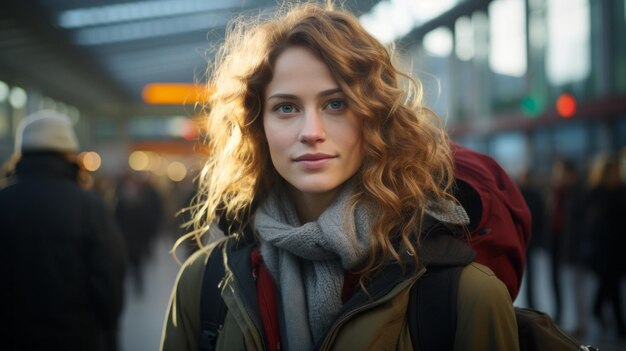 a young woman with a backpack standing in an airport