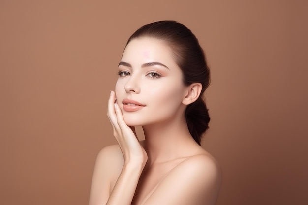 A young woman with a bare shoulders is posing with her hand on her face.