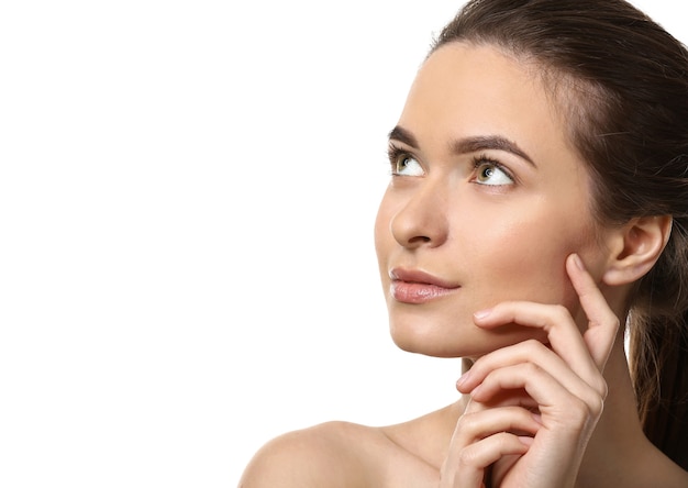 Young woman with beautiful eyebrows on white