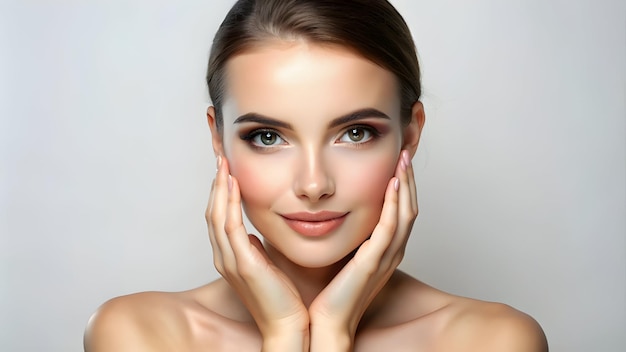 young woman with beautiful face touching healthy face